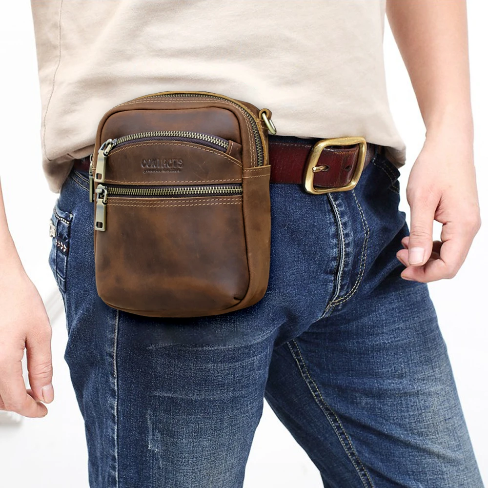

Crazy Horse Leather Belt Phone Holster Bag Multi-Zipper Small Crossbody Sling Shoulder Bag for Phone Waist Phone Pouch