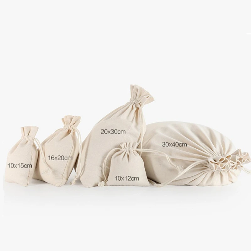 Natural Cotton Drawstring Bags Reusable White Canvas Linen Pouches for Wedding Christmas Gift Candy Sundries Organizer