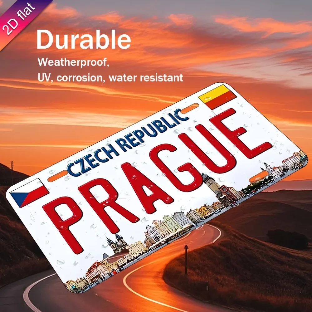 Retro Metal Aluminum License Plate - UV Printed  Wall Art, , Vintage Czech Republic Prague Cityscape Design for Home, Cafe, Re