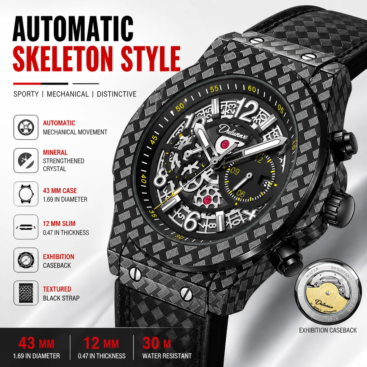 

Men's Automatic Mechanical Watch 43mm Skeleton Dial Carbon Pattern Case Exhibition Caseback Black Strap Sport Style