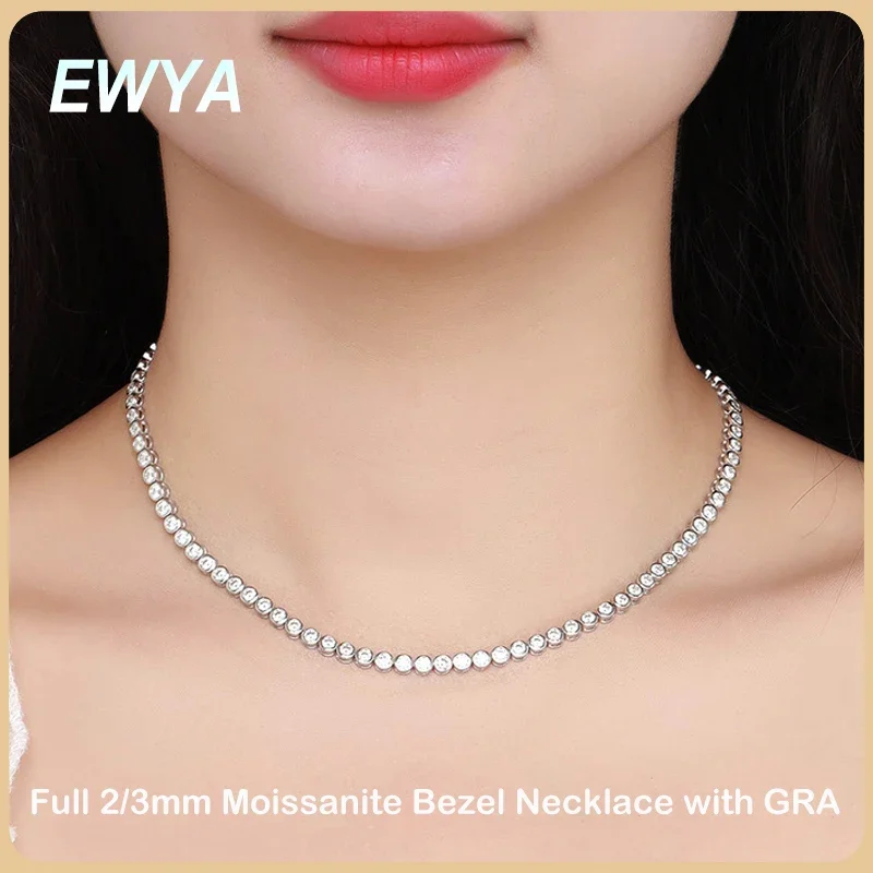 

EWYA Bezel Full 2/3mm D Color Moissanite Tennis Necklace for Women S925 Silver Plated 18K Gold GRA Certified Diamond Bracelets