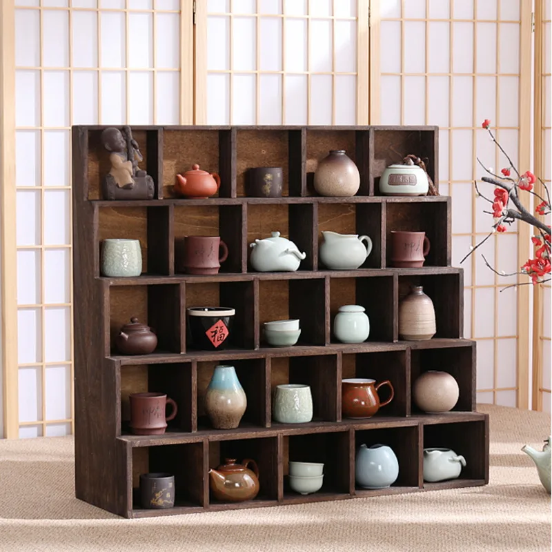 

Chinese Multi Obao Cabinet Cup Rack Solid Wood Tea Set Storage Shelf Grid Ladder Teapot Display Rack