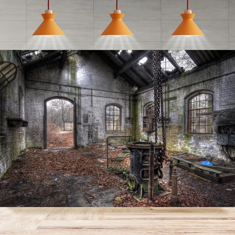 Ruined Hospital Old House Photography Backdrop Dirty Brick Wall Red Autumn Leaves Machine Background Party Backdrop Wall Banner