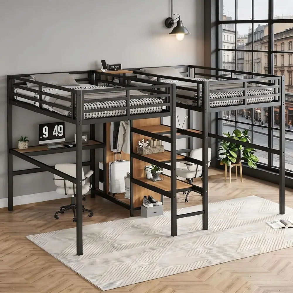 Twin Over Twin Metal Bunk Bed with Desk, Wardrobe, Storage, Charging Station, Noise Reduction, Easy Assembly, Black & Natural Wo