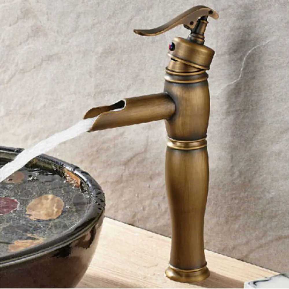 

NEW "Water Pump Look" Style Bathroom Deck Mounted Faucet Antique Brass Hot And Cold Tap znf125