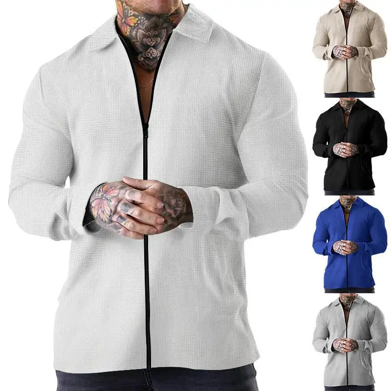 

2024 Hot Spring and Autumn Zipper Cardigan Coat Casual Comfortable Top Men's Long Sleeve Polo Collar Waffle Jacket