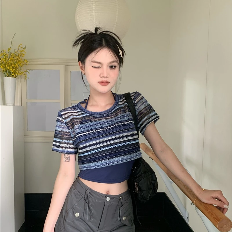 Women T Shirt Loose Versatile Hollow Short-sleeved Smock + Solid Lace-up Camis Students Sweet Outfit Crop Tops Female