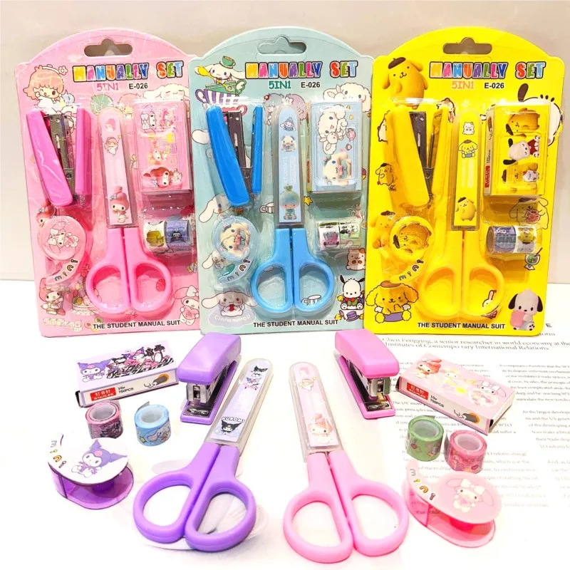 Cartoon Sanrio Stationery Set Kuromi Kitty Student Scissors Stapler Tape Combination Kid Gift Home Book Binding Machine Stapler