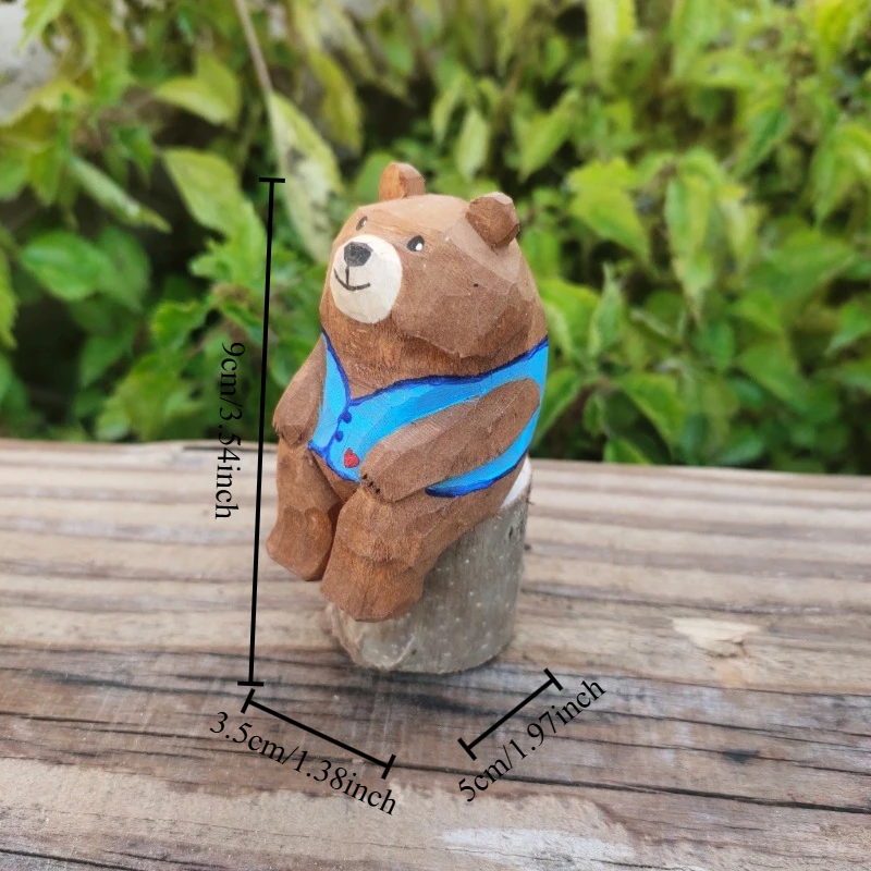 Handmade Wooden Bear on Tree Stump Cute Desk Figurines Ornament Lovely Carved Wood Animal Craft Decoration Unique Birthday Gift