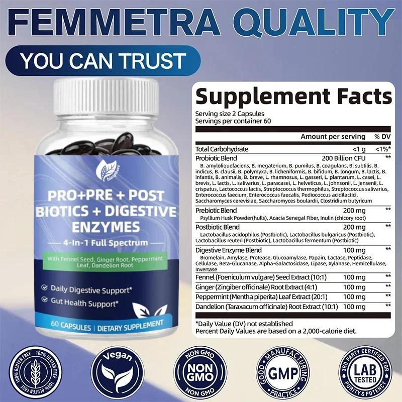 Digestive Enzyme, Generating 200 Billion CFU, Probiotic Strain+psyllium Husk - Supports Intestinal and Digestion, 60 Capsules