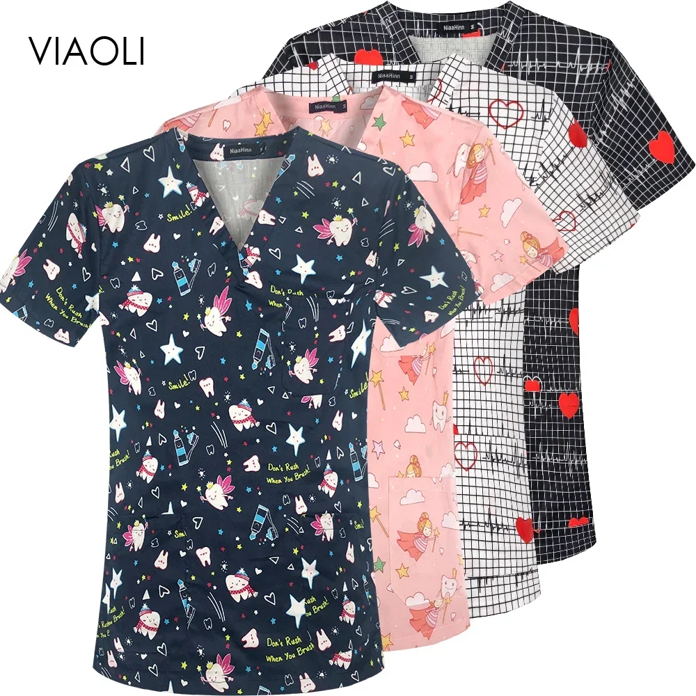 Tooth print top stomatology hospital dentist medical overalls clinic nurse nursing scrub uniform top laboratory scrub overalls