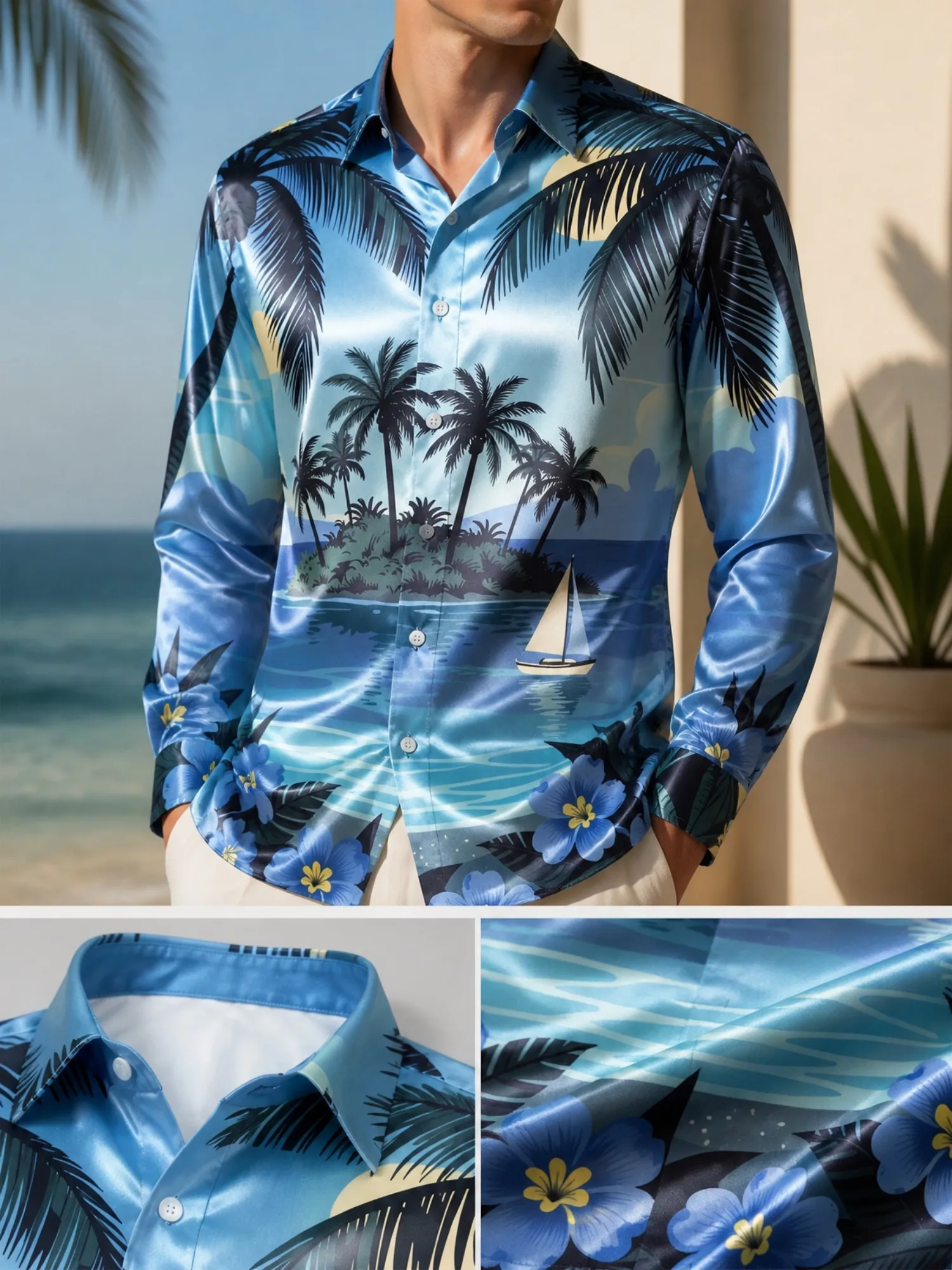 Mens Formal Satin Long Sleeve Dress Shirt Lightweight Collared Dress Shirt Lightweight Party Office Vacation Resort Clubwear Top