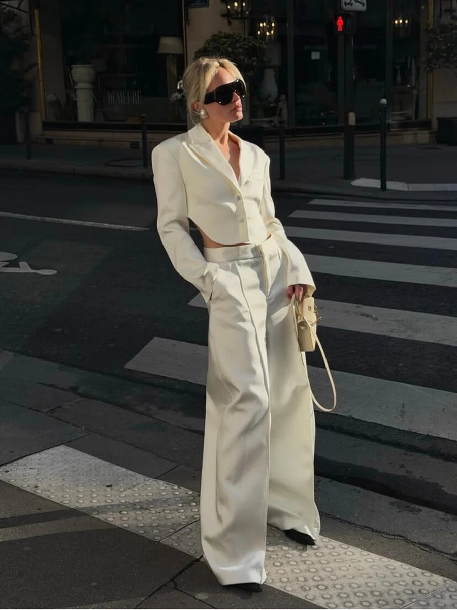 LIMO 2026 New Women Satin 2 Piece Set Cropped Blazer Wide Leg Trousers Party Suit