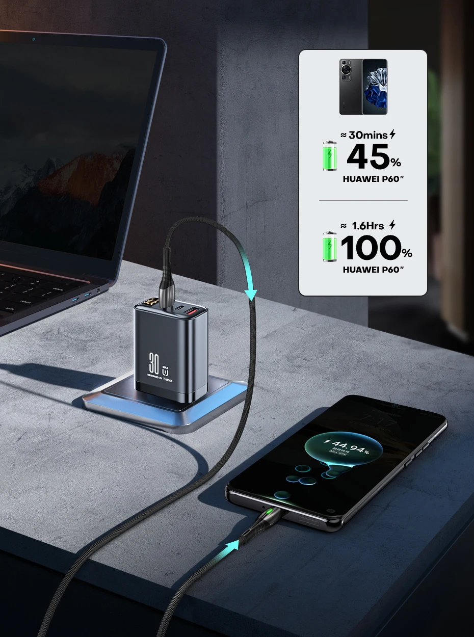 Tuodes 30W GaN USB Charger 3-Ports USB Type C Fast Charging PD3.0 Quick Charge Wall Adapter For iPhone 17 16 Samsung Xiaomi iPad