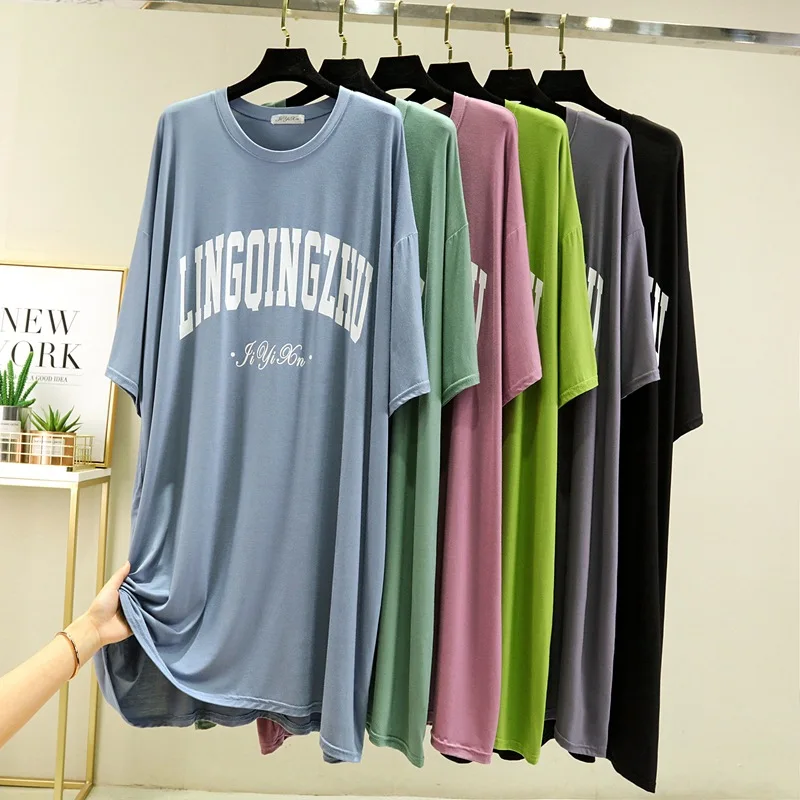 

Letter Print Women's Sleep Dress Thin Short Sleeve Long Dress plus Size Comfortable Home Clothes Sleepwear Polyester Fabric