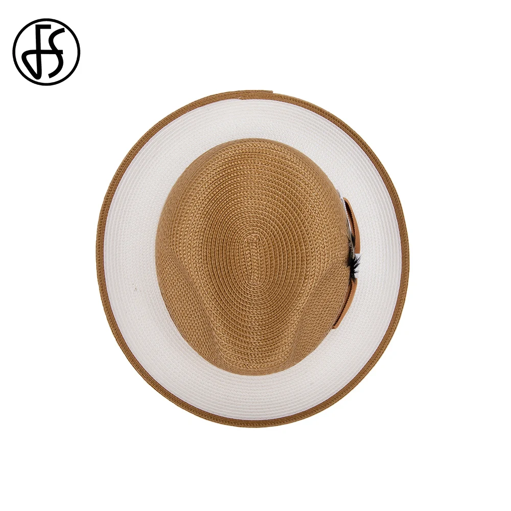 FS 2024 Khaki Cowboy Straw Hats For Men With Feather Rolled Brim Sombrero Jazz Panama Hat Gentleman Gangster Black Cap