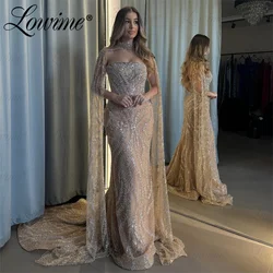 Two Piece Arabic Style Aso Ebi Prom Dresses Champagne Evening Gowns 2024 Beaded Cape Sleeves Long Mermaid Engagement Prom Dress