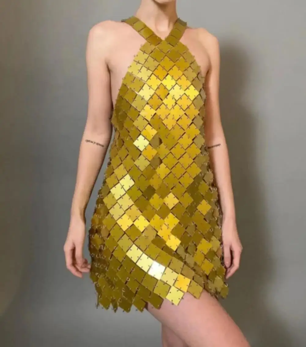 Mini vestido sem encosto para mulheres, traje de festa feminina, sem mangas, espelho, dourado, prata, quadrado, chainmail