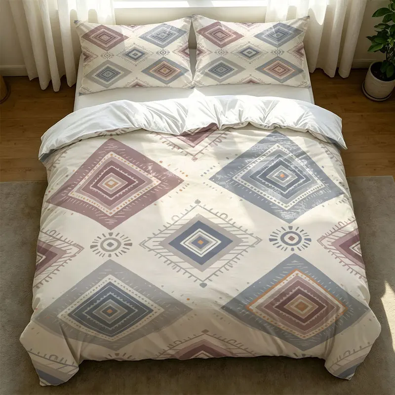 2/3Pcs Microfiber Boho Duvet Cover Set,Ultra-Soft,Breathable,Skin-Friendly,Durable,Orange Green Beige Geometric Diamond Pattern