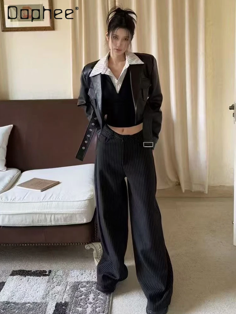 خمر التوابل فتاة ضئيلة الدانتيل متابعة دعوى طوق بولي معطف معطف جلد سترات قصيرة للنساء الخريف جديد الشارع الحلو كول Y2K سترة