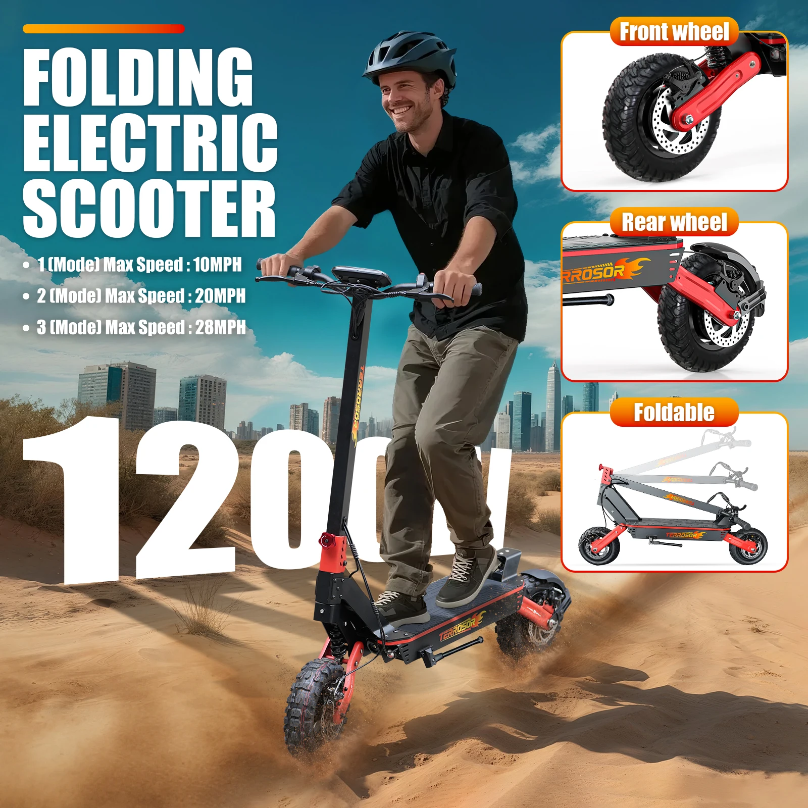 

Складной электрический скутер для взрослых, 1200 Вт, 11-дюймовые внедорожные шины, 45 миль в час, передние и задние двойные амортизаторы, светодиодный дисплей, NFC, максимальная нагрузка 350 фунтов