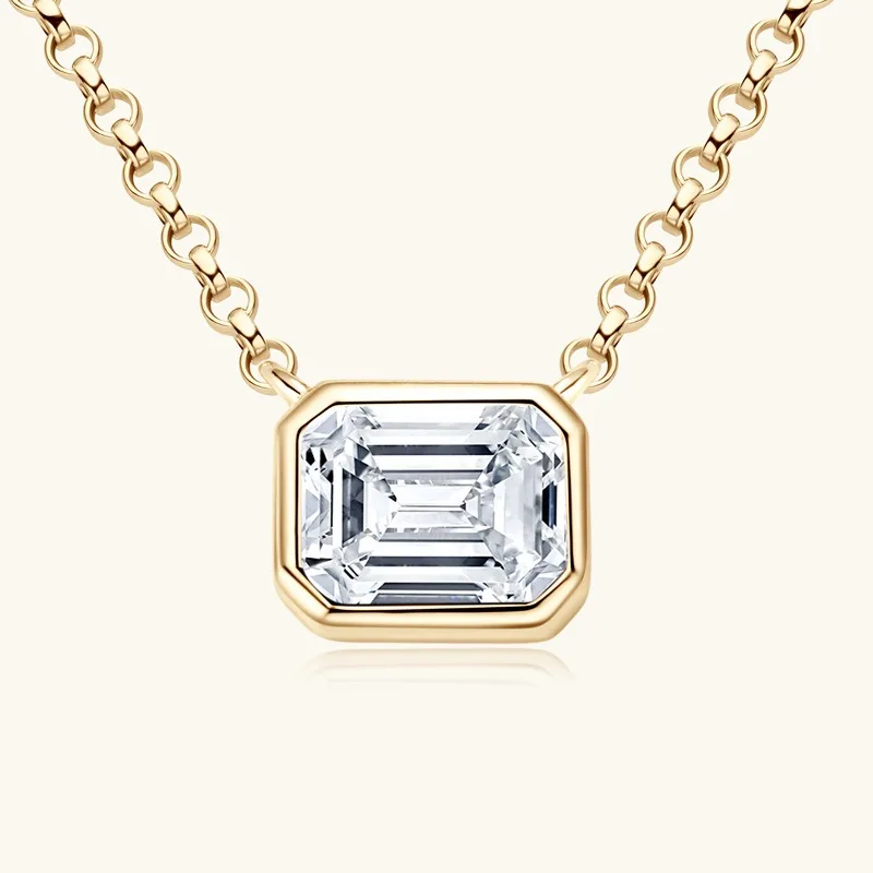 

1ct Real Emerald Cut Moissanite Necklace for Women 925 Sterling Silver Pass Diamond Tester Charm Necklace 14k Gold Plated