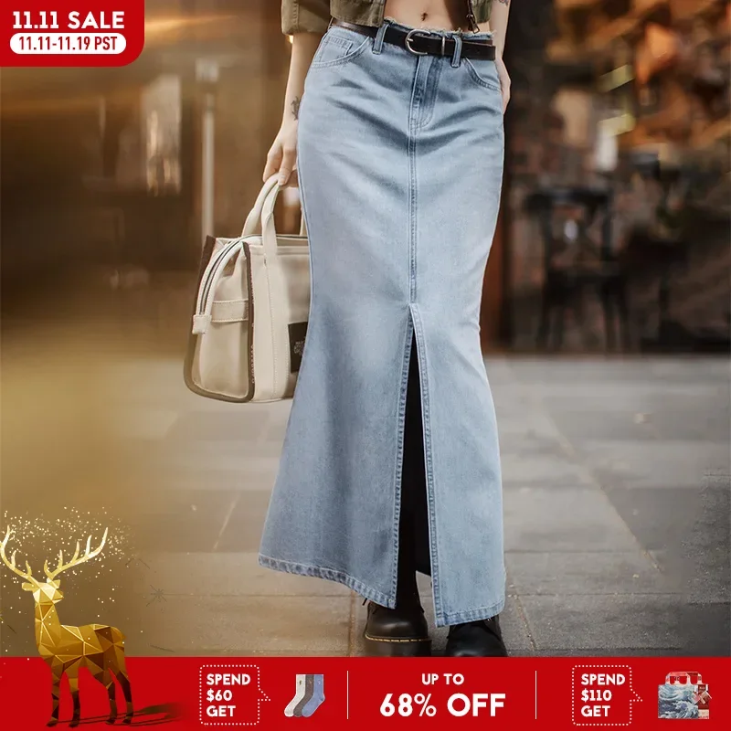 

Винтажная женская тяжелая джинсовая юбка-русалка Maden со средней талией, длинная джинсовая юбка «рыбий хвост», облегающее платье с разрезом на осень