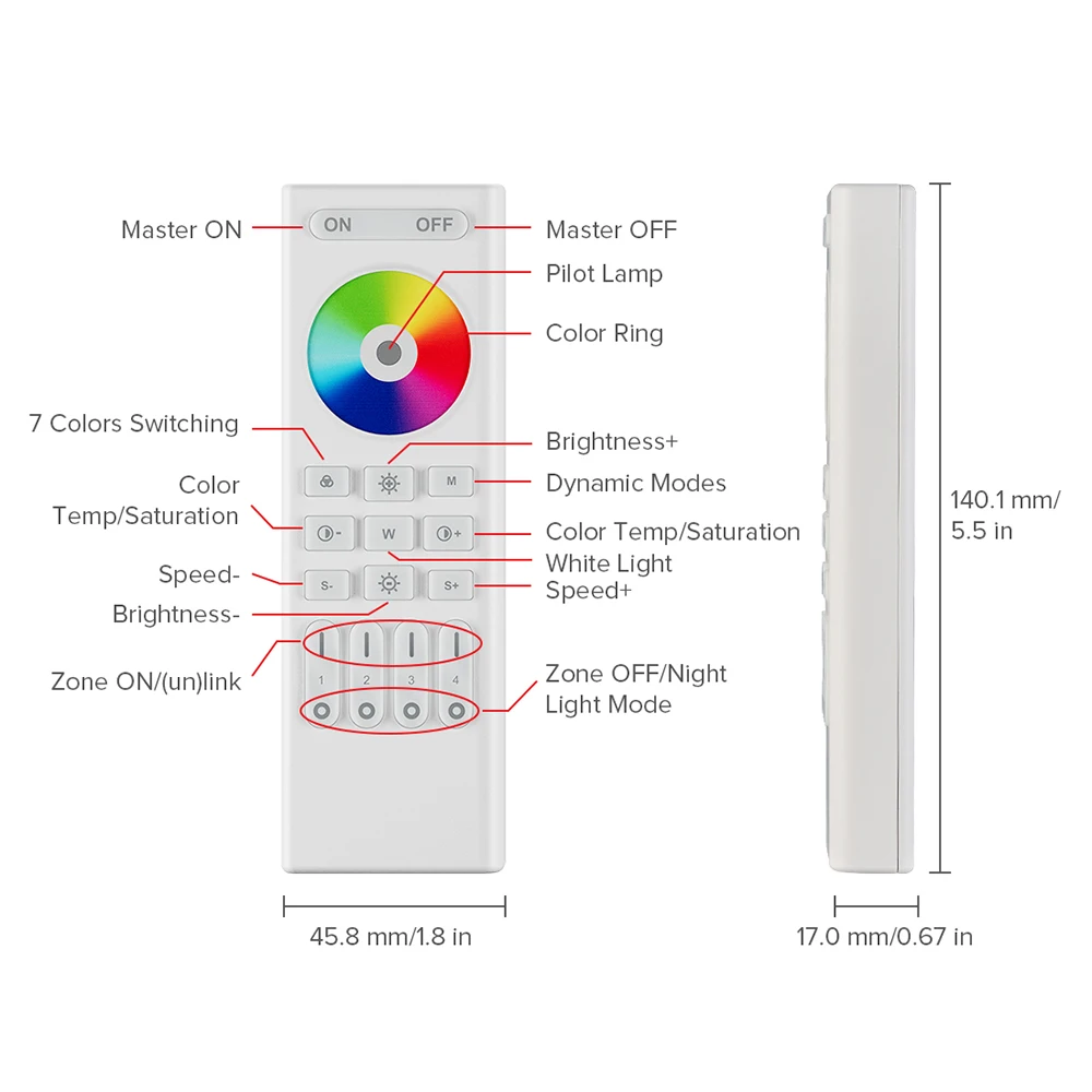 2.4GHz RF Touch Remote for DIM CCT RGB RGBW RGBCCT 4 Zone for C01-05RF C01-05W WB5 LM051 LM052 LM053 Controller White Black DC3V