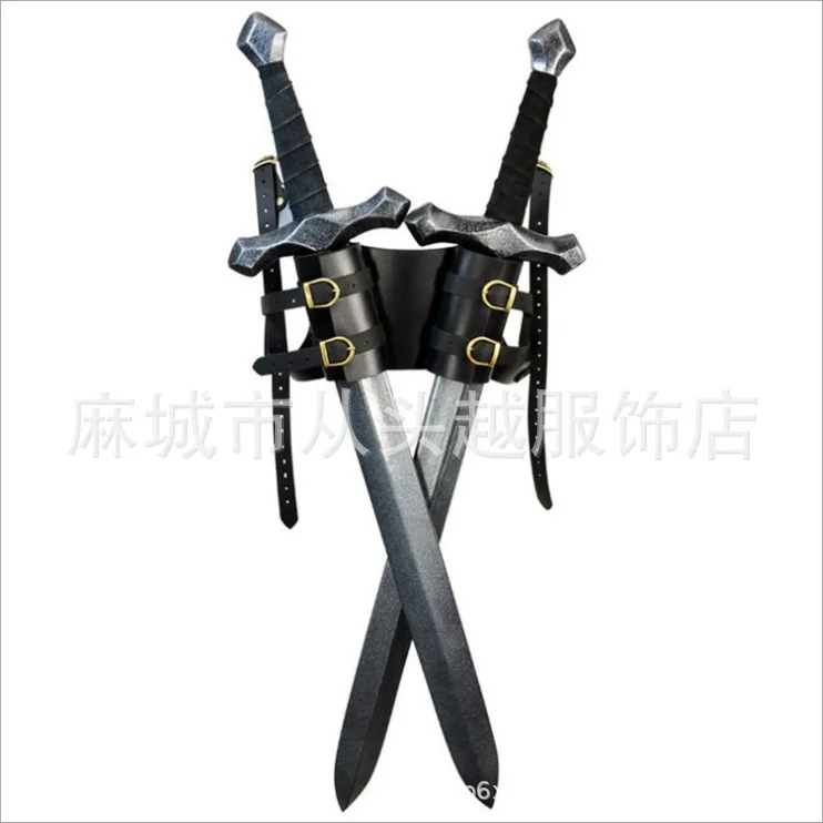 Medieval Samurai PU Leather Back Double Sword Set Stage Performance Cosplay Photography Props Without Weapon