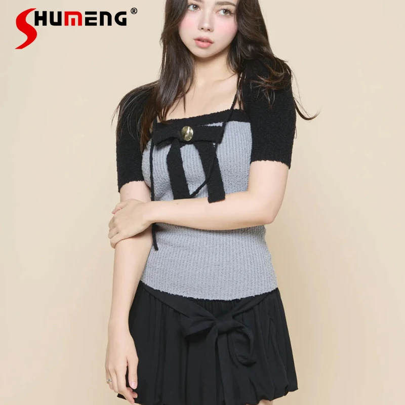 

2025 Japanese Style Sweet Fashion Knitted T-Shirt Summer Girl's Women's Slim Fit Tank Top Smock 2-Piece Set Women Clothing