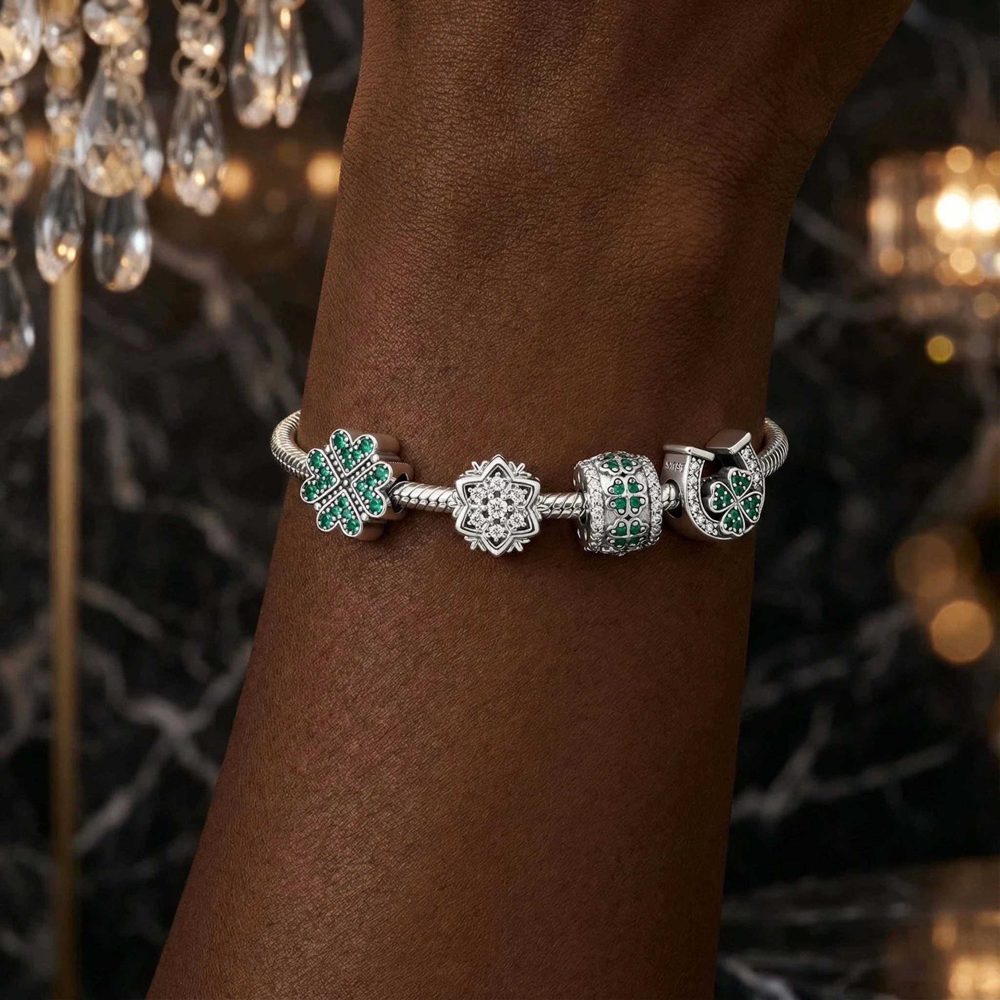 

925 Sterling Silver Ffour-leaf clover Charms Pendant with Cubic Zirconia,Fit DIY bracelet necklace Gift for Her,Colgante Plata