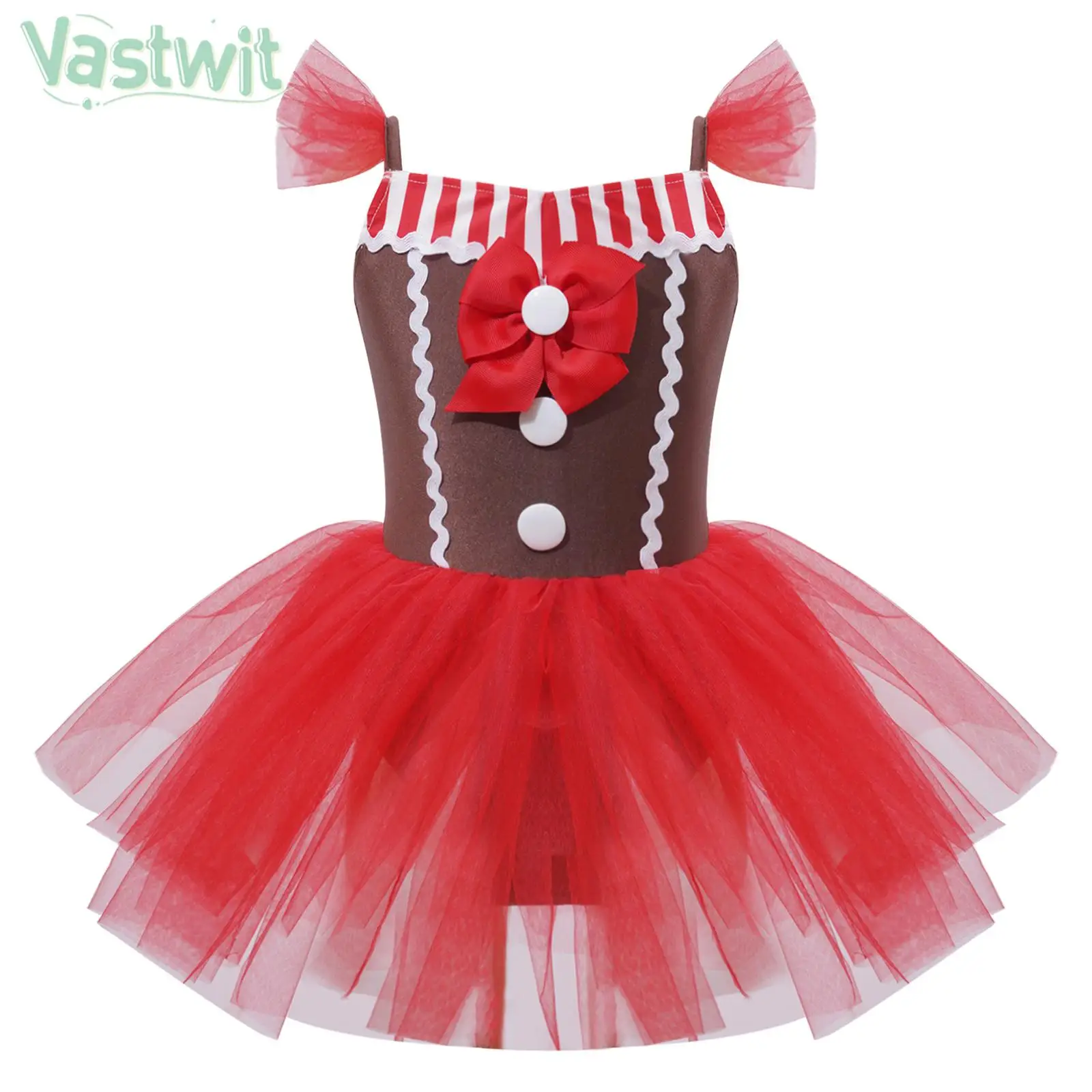 

Teen Girls Christmas Gingerbread Costume Xmas Halloween Cookie Man Cosplay Performance Dress Sleeveless Striped Leotard Tutu