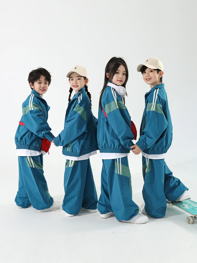 Kpop Jazz Dance Outfit Kids Hip Hop Dance Clothes Blue Loose Tracksuit Cheerleading Costume Street Dance Clothing DL11046