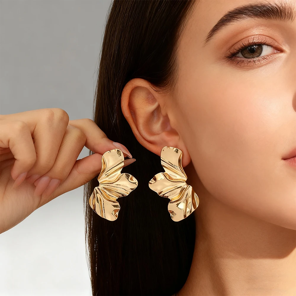 Women's Versatile Stainless Steel Flower Earrings European American Irregular Pleated Smooth Metal Jewelry Accessory