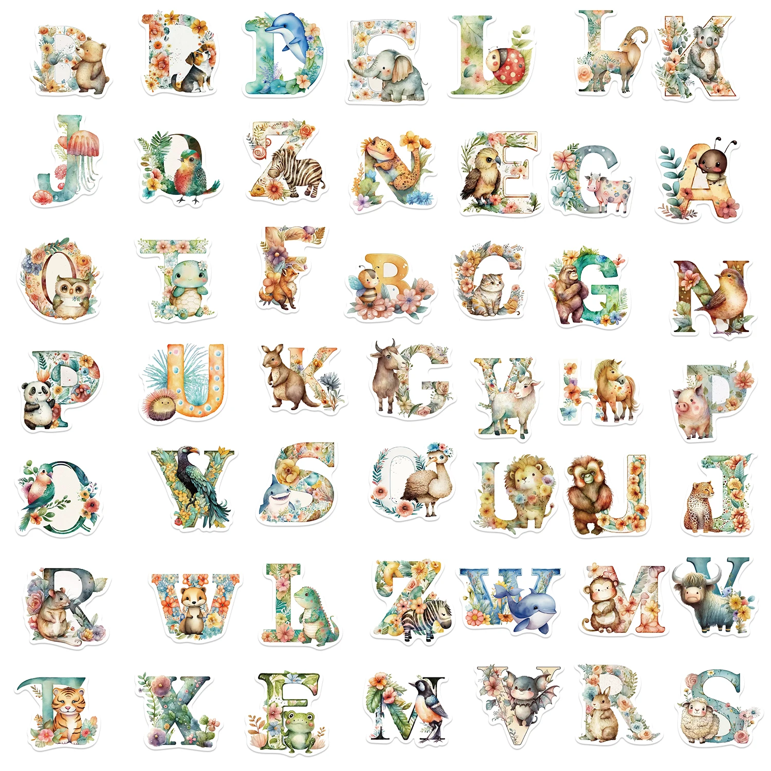 52pcs Cute Cartoon Animals Alphabet Stickers Waterproof Graffiti Vinyl Decals For Laptop Water Bottle Luggage Notebook
