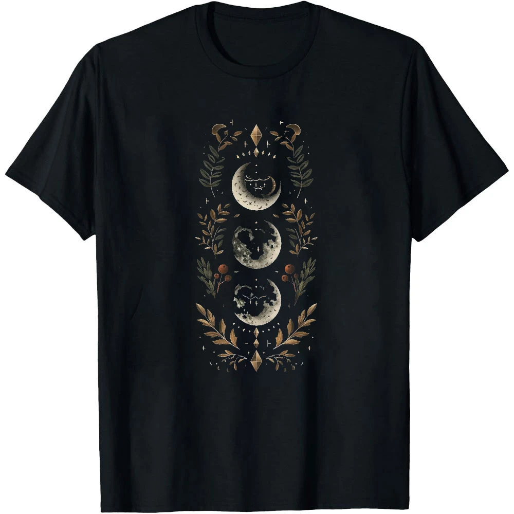 Celestial Triple Moon Phase Botanic Graphic T Shirt Men Tee Mystical Nature Art Print Top Summer Goth Casual Wear T Shirt