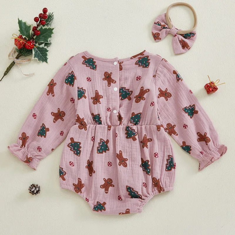 0 to 18 Months Christmas Baby Girls Bodysuit Gingerbread Tree Print Long Sleeve Jumpsuits and Cute Headband Set