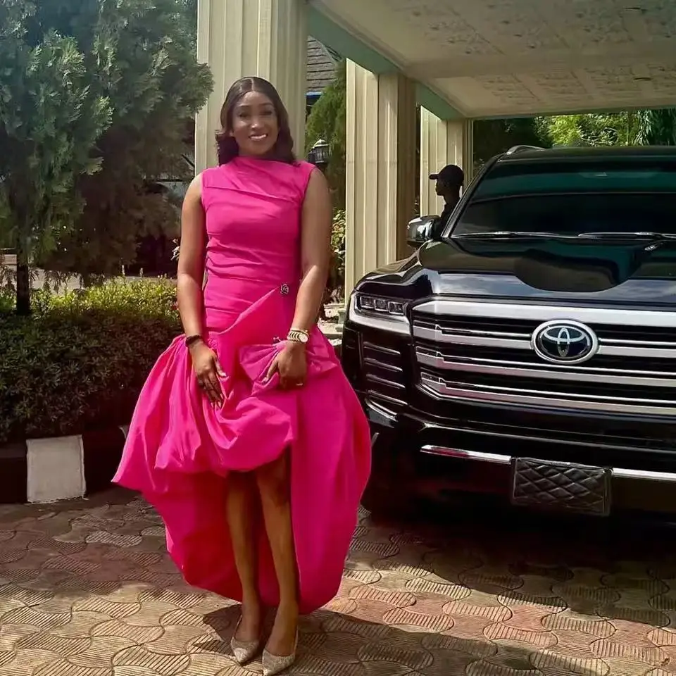 

Customized Fashion Fuchsia Pleated Asymmetrical Long Party Dresses Aso Ebi Sleeveless African Women Maxi Dress