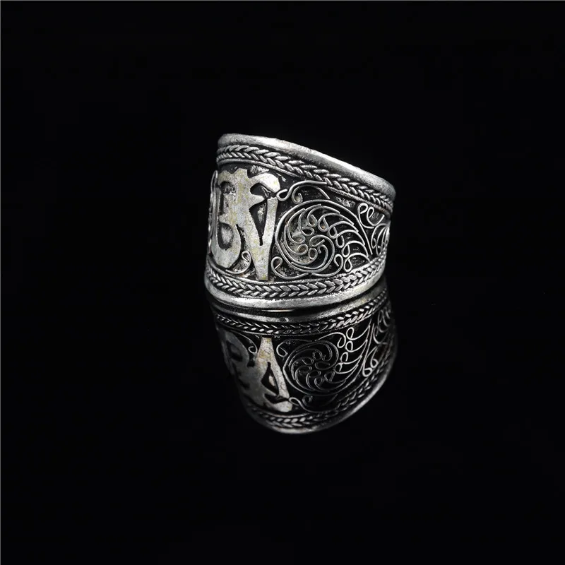

5Pcs / Set Flower Silk Patterns OM Amule Tibetan Silver Buddhism Rings Jewelry for Woman Girl Man Adjustable Size