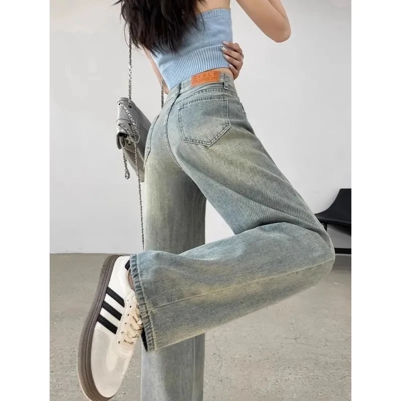 Retro Distressed Wide Leg Jeans Voor Dames Nieuwe Lente/Zomer Hoge Taille Losse Slanke Broek Met Rechte Pijpen Minimalistische Blauwe Jeans