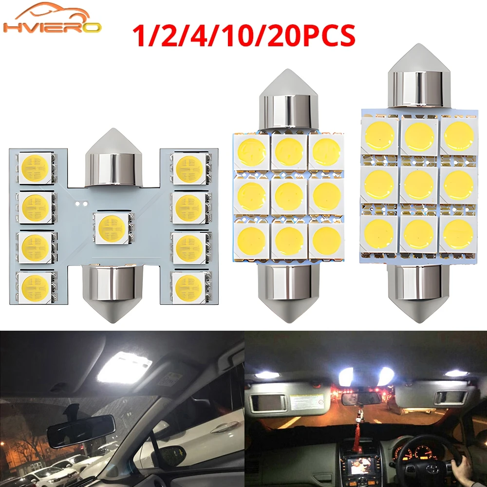 1/2/4/10pcs Car LED Dome Festoon Door Lights White C5W 5050 9SMD License Plate Bulbs 39/36/31mm 12V Interior Trunk Reading Lamp