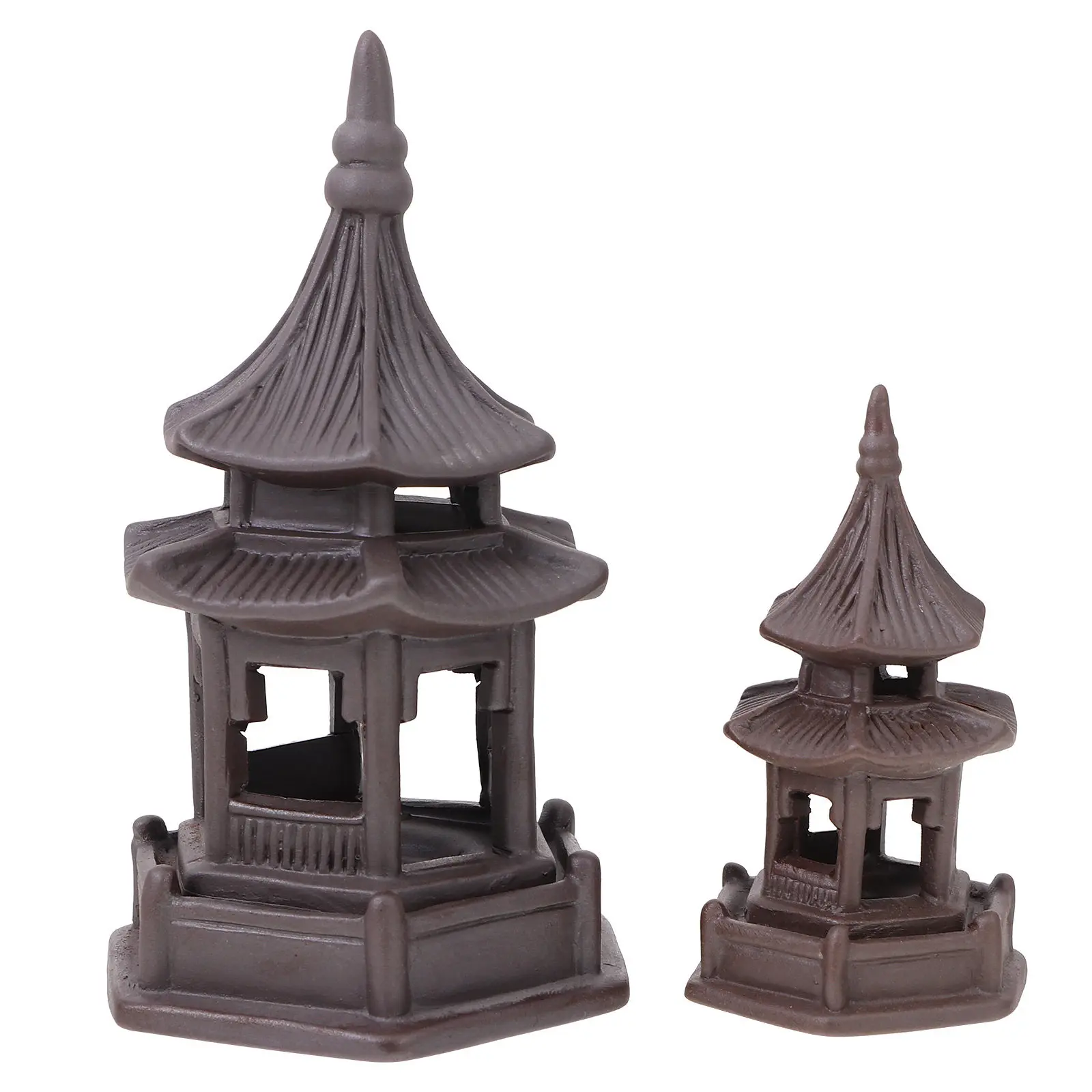 2Pcs Ceramic Zen Pavilion Ornaments Hexagonal Brown Micro Landscape Decors Micro Landscaping Miniature Pavilion Adornments