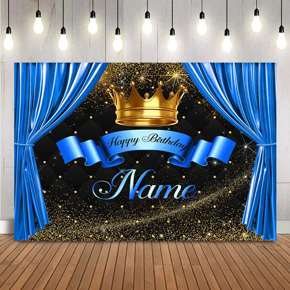 Fondo de feliz cumpleaños, corona real, príncipe, oro, purpurina, cortina dorada, nombre personalizado, suministros de decoración para fiestas