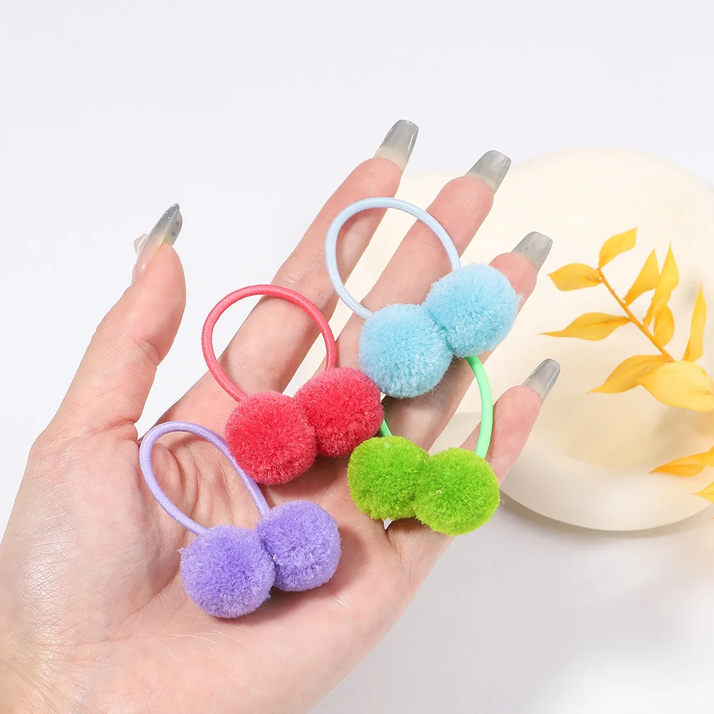 10pcs/lot Newborn Girls Solid Double Fur Ball Rubber Band with Elastic Rope Handmade Hair Band for Kids Baby Hair Accessorie