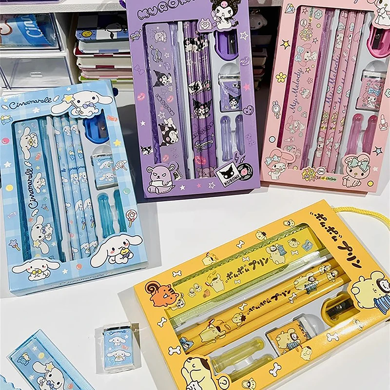 Kawaii Sanrio Stationery Set Pencil Eraser Ruler Cinnamoroll My Melody Kuromi Painting Primary School Supplies For Student Gifts