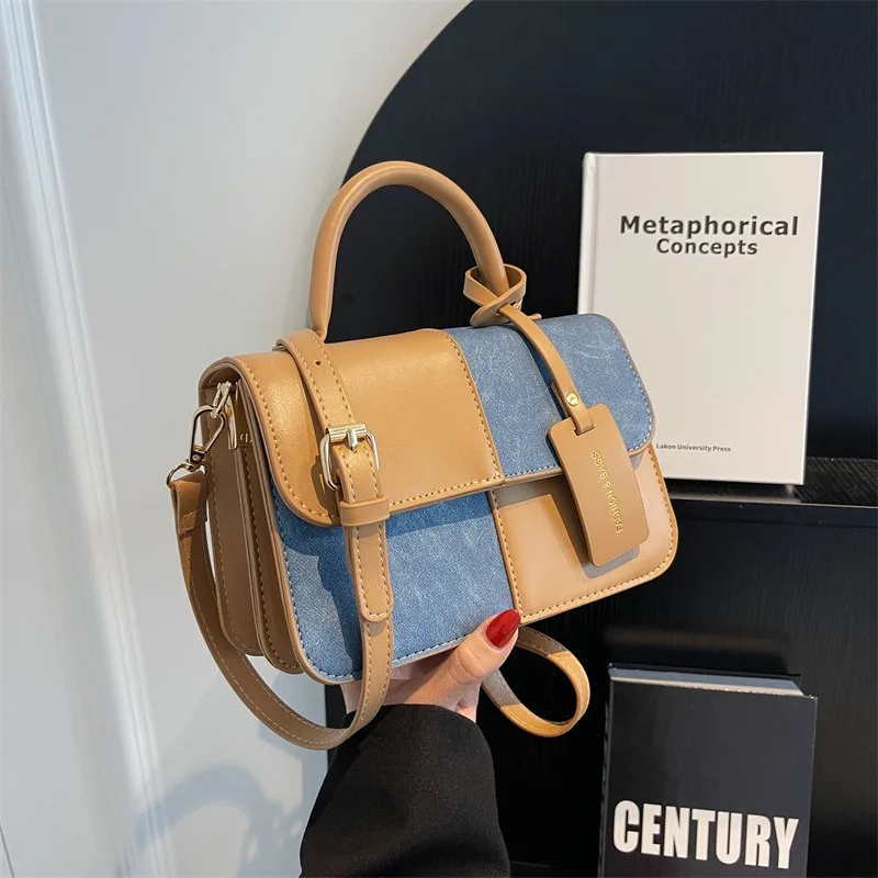 Women Handbag Crossbody Bag PU Leather Color Blocking Design Denim Patchwork Fashion Ladies Top-Handle Tote Girl Purses Commuter