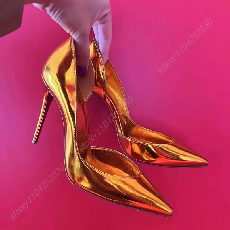 

Women's Sandals Gold Glossy Pointed Stiletto Pump Side Hollow Mirror Leather Luxury Girl Party Shallow Cover Heels Summer Shoes