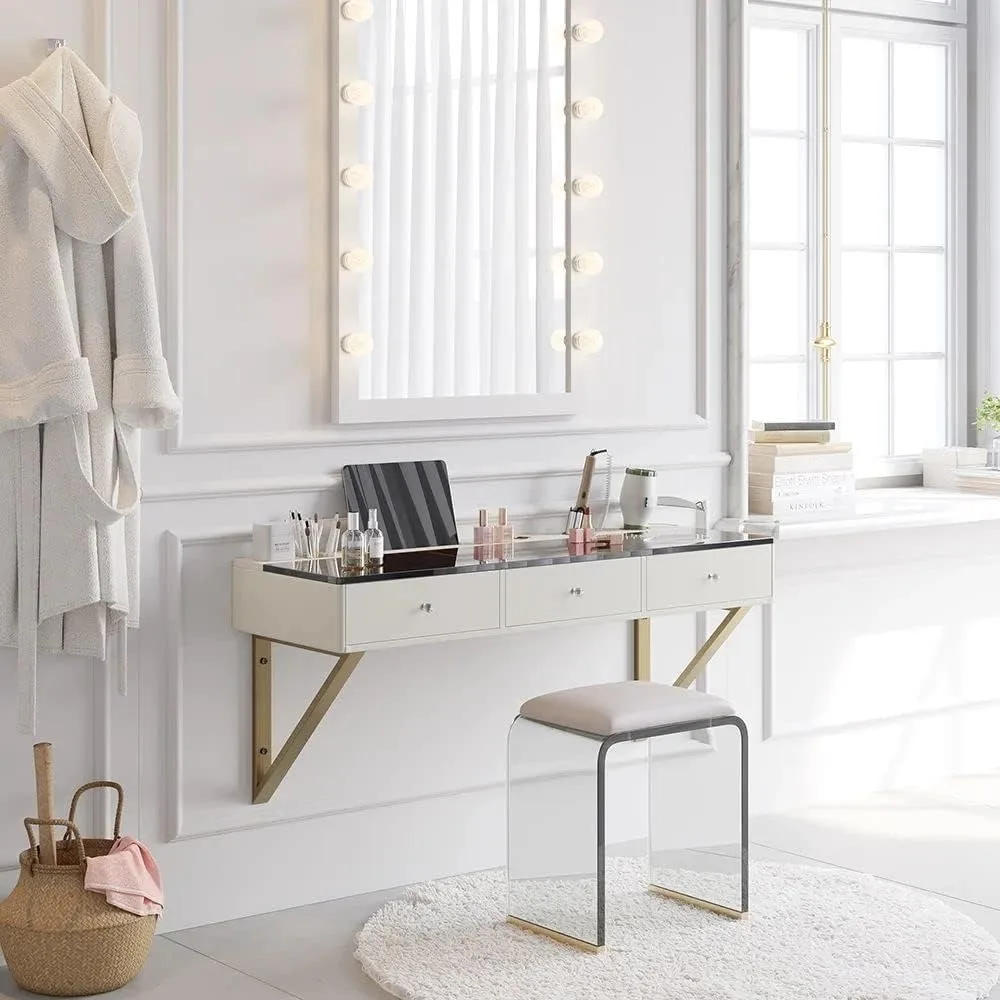 Floating Makeup Vanity with Drawers, Modern White Beauty Station Wall Mounted Dressing Table with Tempered Glass Top