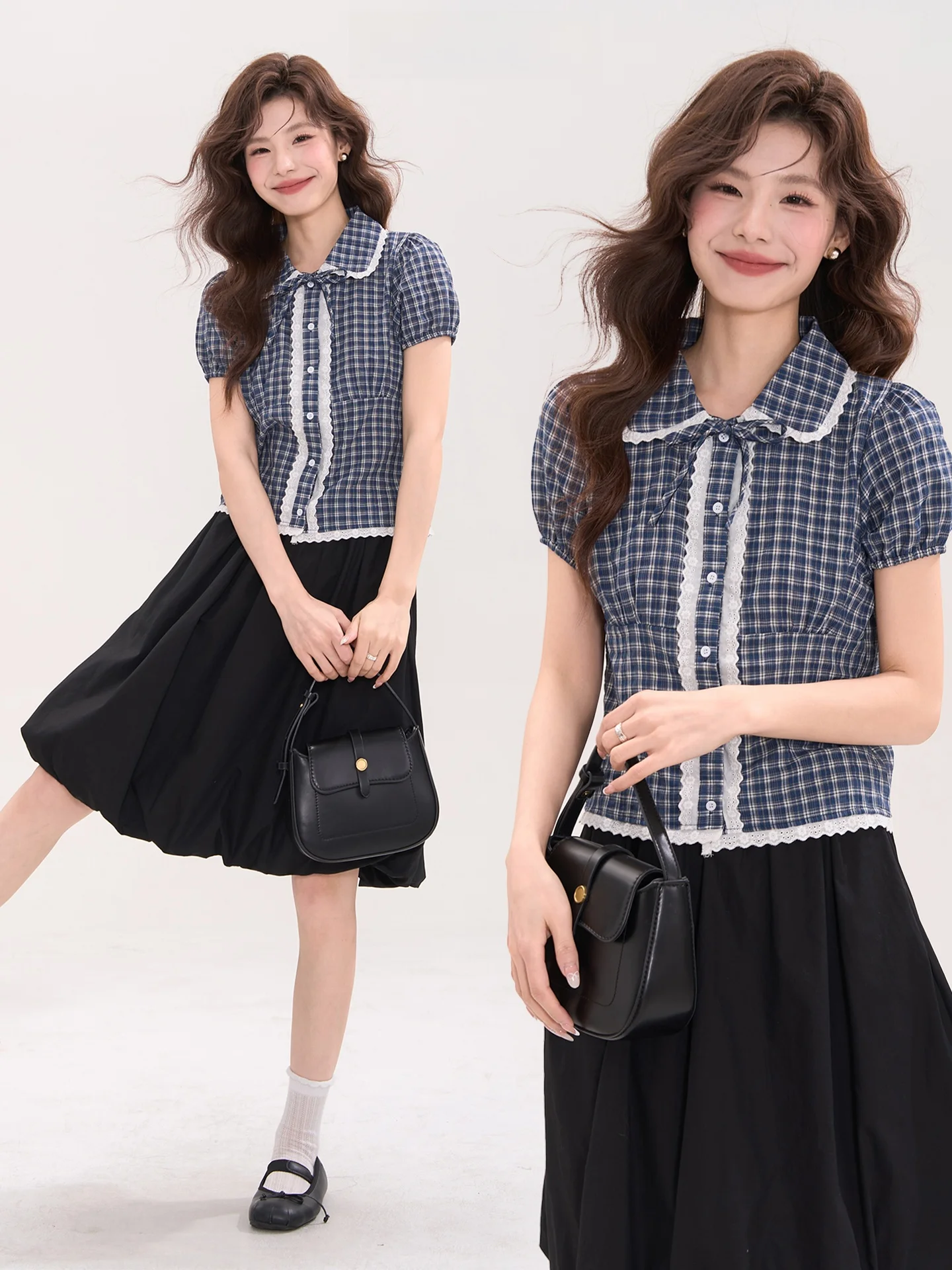 

Милая хлопковая рубашка с коротким рукавом для женщин, модная, в клетку, с воротником-стойкой, с кружевной отделкой, универсальная, для весеннего сезона