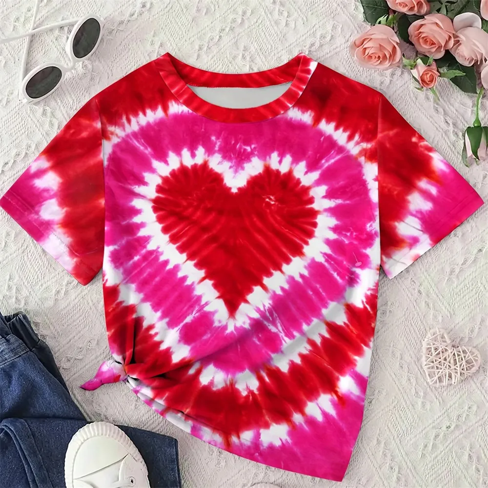 Children's Clothing Summer Heart Print Fashion Child Girls T Shirt Short Sleeve Clothes for Girls from 12 Years to 14 Years Old